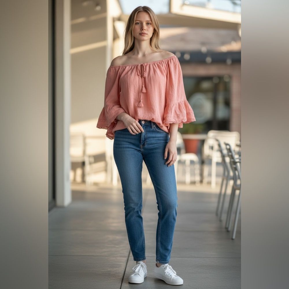 EUC - a.n.a Women’s Pink Blouse/Top with Boho Bell Sleeves - Size Small
